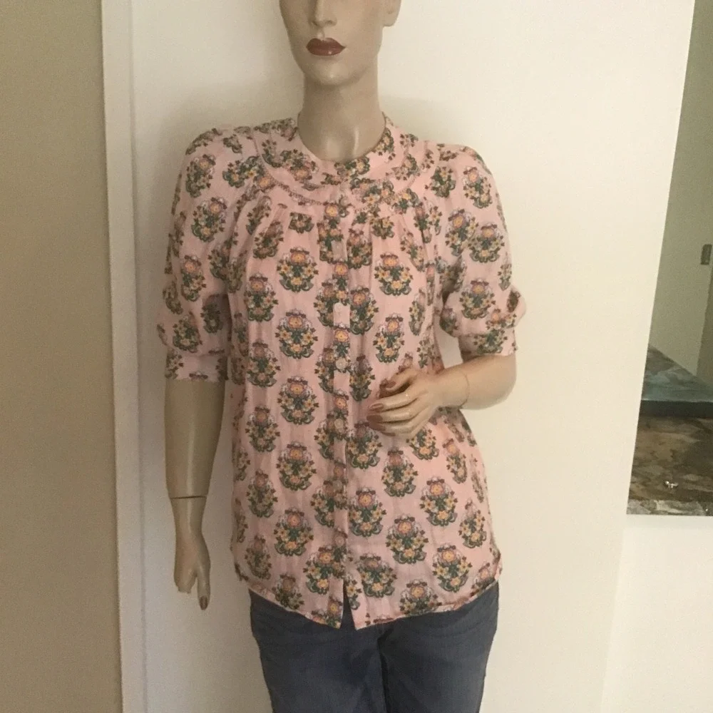 Boden Pink Floral Bea 100% Linen Lace Trim Puff Sleeve Blouse Top US 4 UK 8 Boho